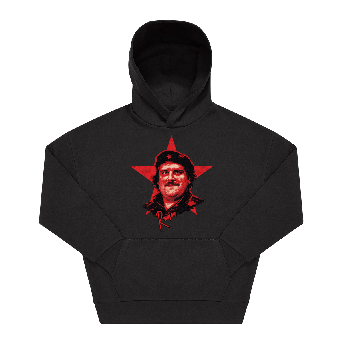 Schwarzer Hoodie mit rotem Frontprint: Porträt im Revolucionario-Stil vor rotem Stern, Schriftzug „Rainer"