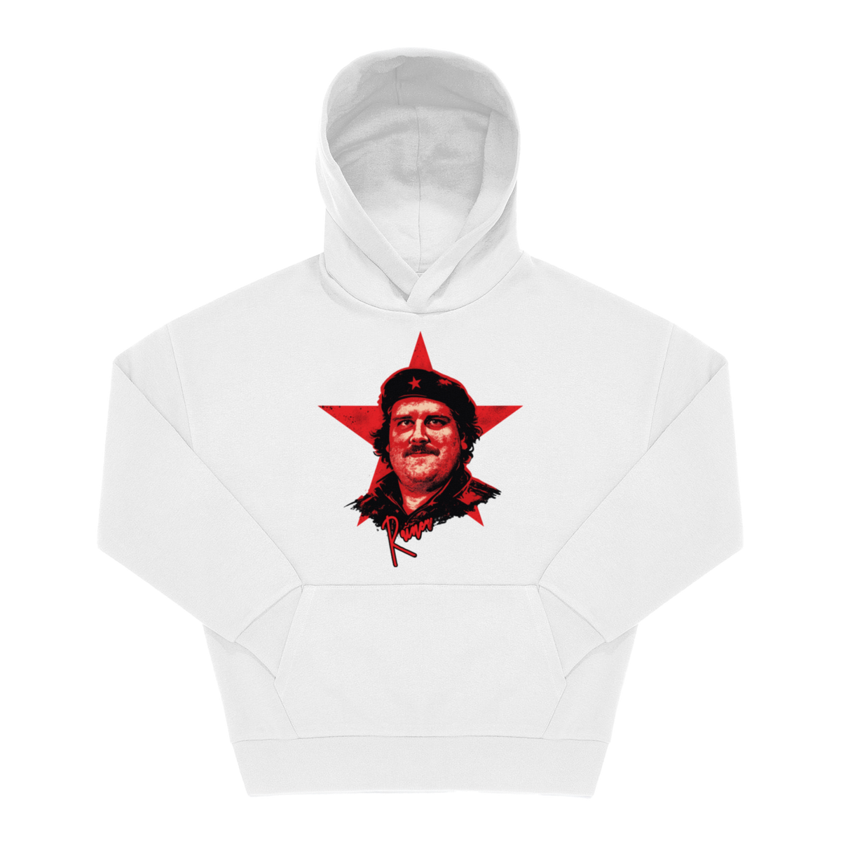 Weißer Hoodie mit rotem Frontprint: Porträt im Revolucionario-Stil vor rotem Stern, Schriftzug „Rainer"