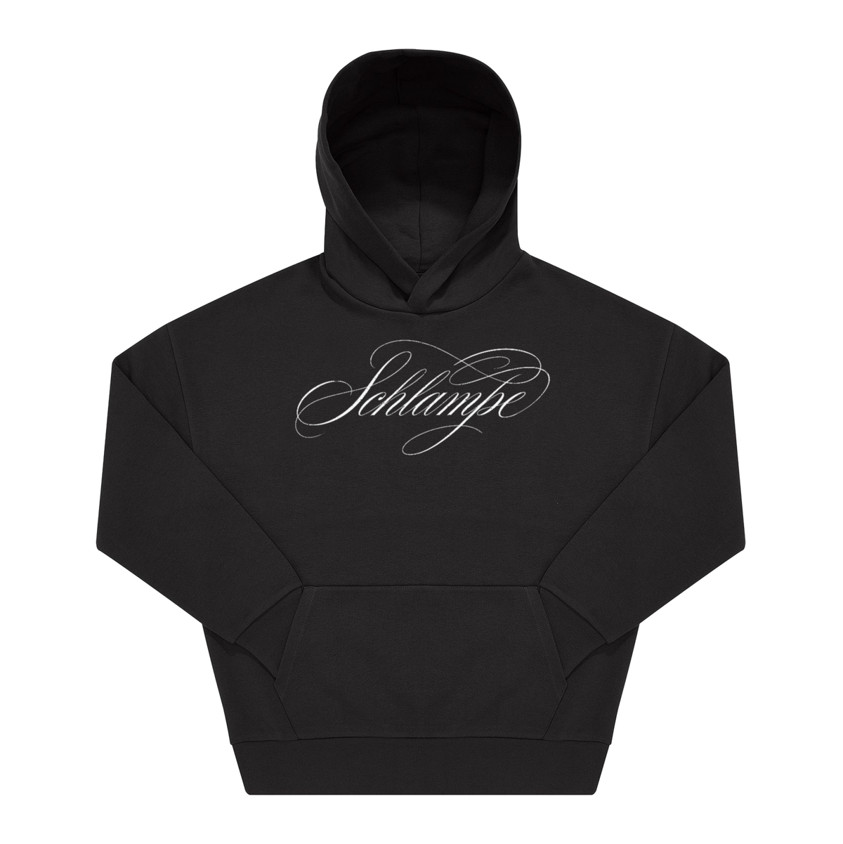 Schwarzer Hoodie mit „Schlampe" als Frontprint in eleganter Kalligrafie-Schrift