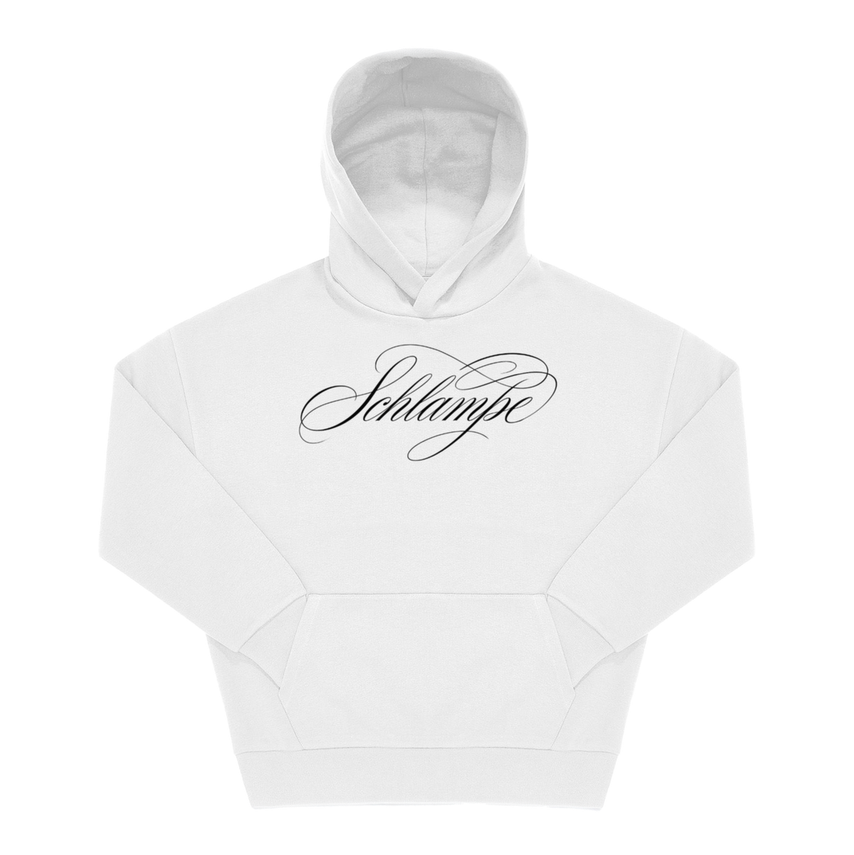 Weißer Hoodie mit „Schlampe" als Frontprint in eleganter Kalligrafie-Schrift