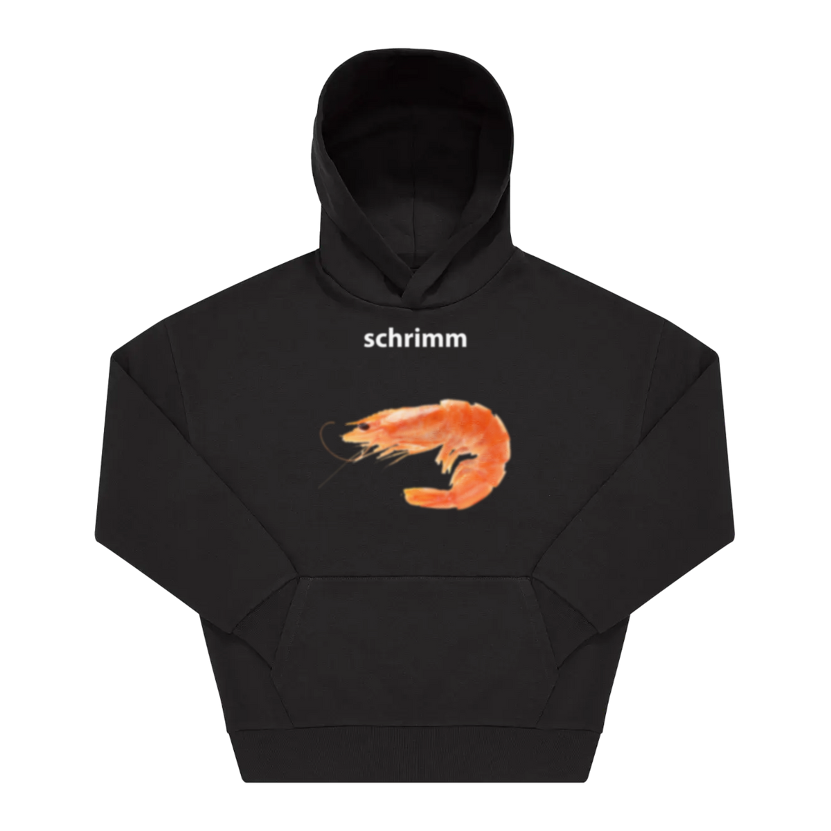 Schwarzer Hoodie mit Frontprint: Schriftzug „schrimm" in Weiß und Garnelen-Illustration in Orange