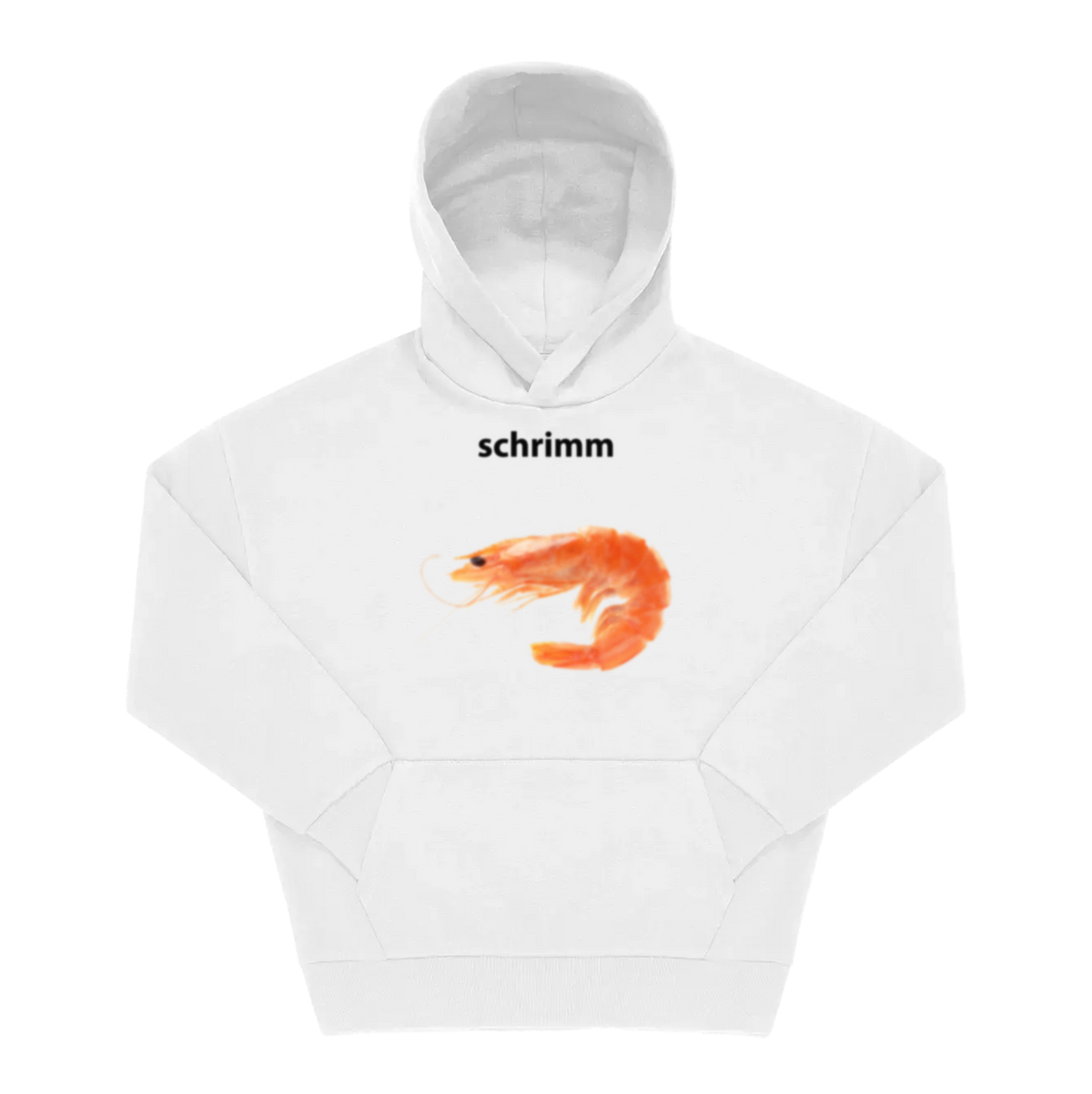 Weißer Hoodie mit Frontprint: Schriftzug „schrimm" und Garnelen-Illustration in Orange