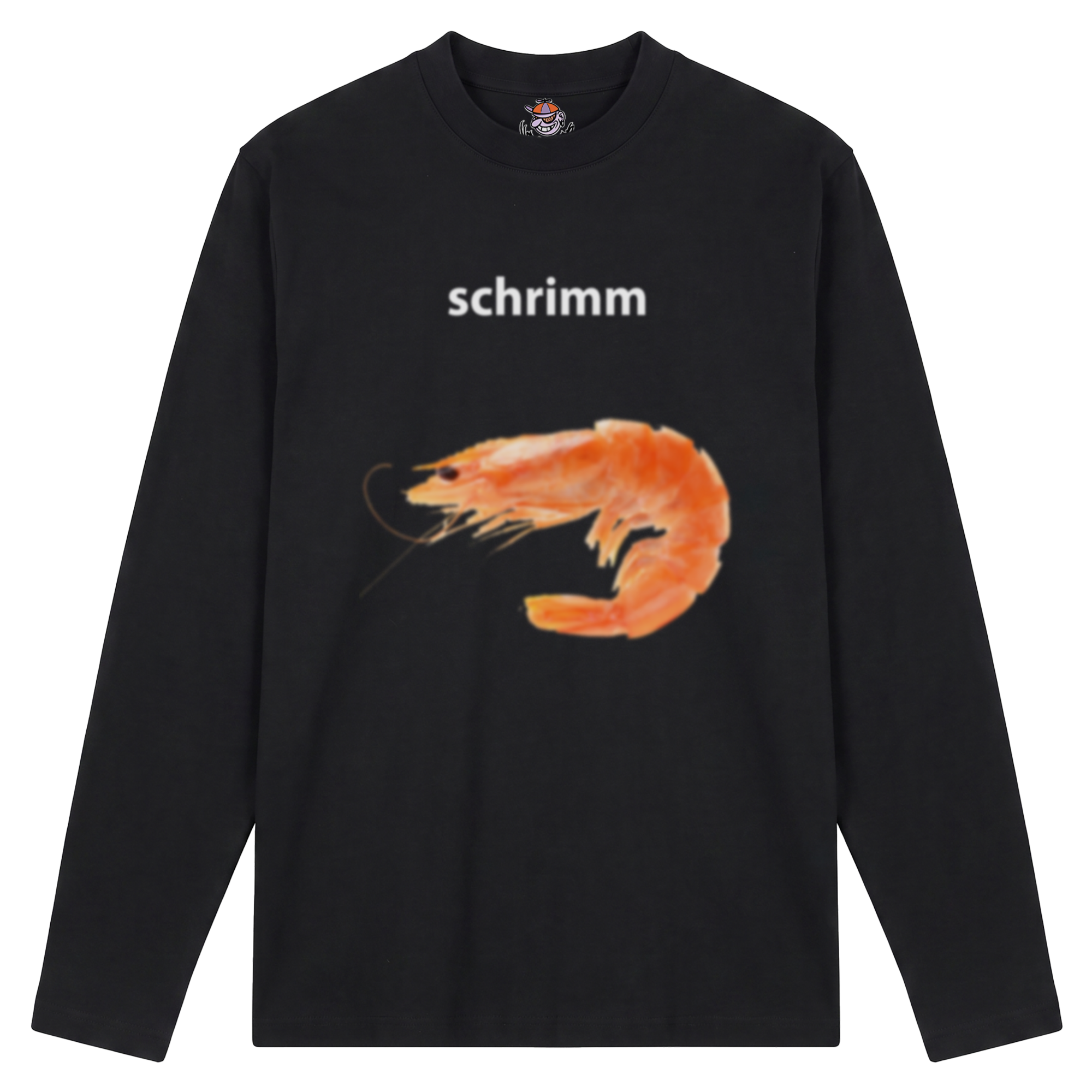 Produktbild schwarzes Longsleeve mit der Aufschrift "schrimm" und einem abgebildeten Shrimp