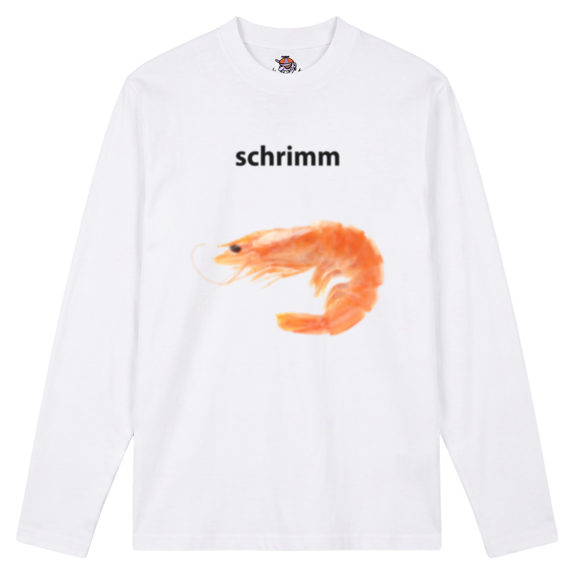 Produktbild weißes Longsleeve mit der Aufschrift "schrimm" und einem abgebildeten Shrimp