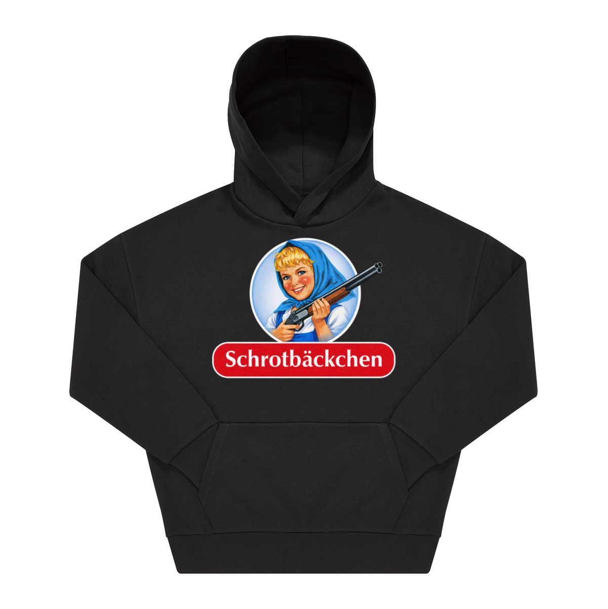 Schwarzer Hoodie mit Frontprint: Illustration einer Frau mit Schrotflinte im Retro-Logo-Stil, Schriftzug „Schrotbäckchen"