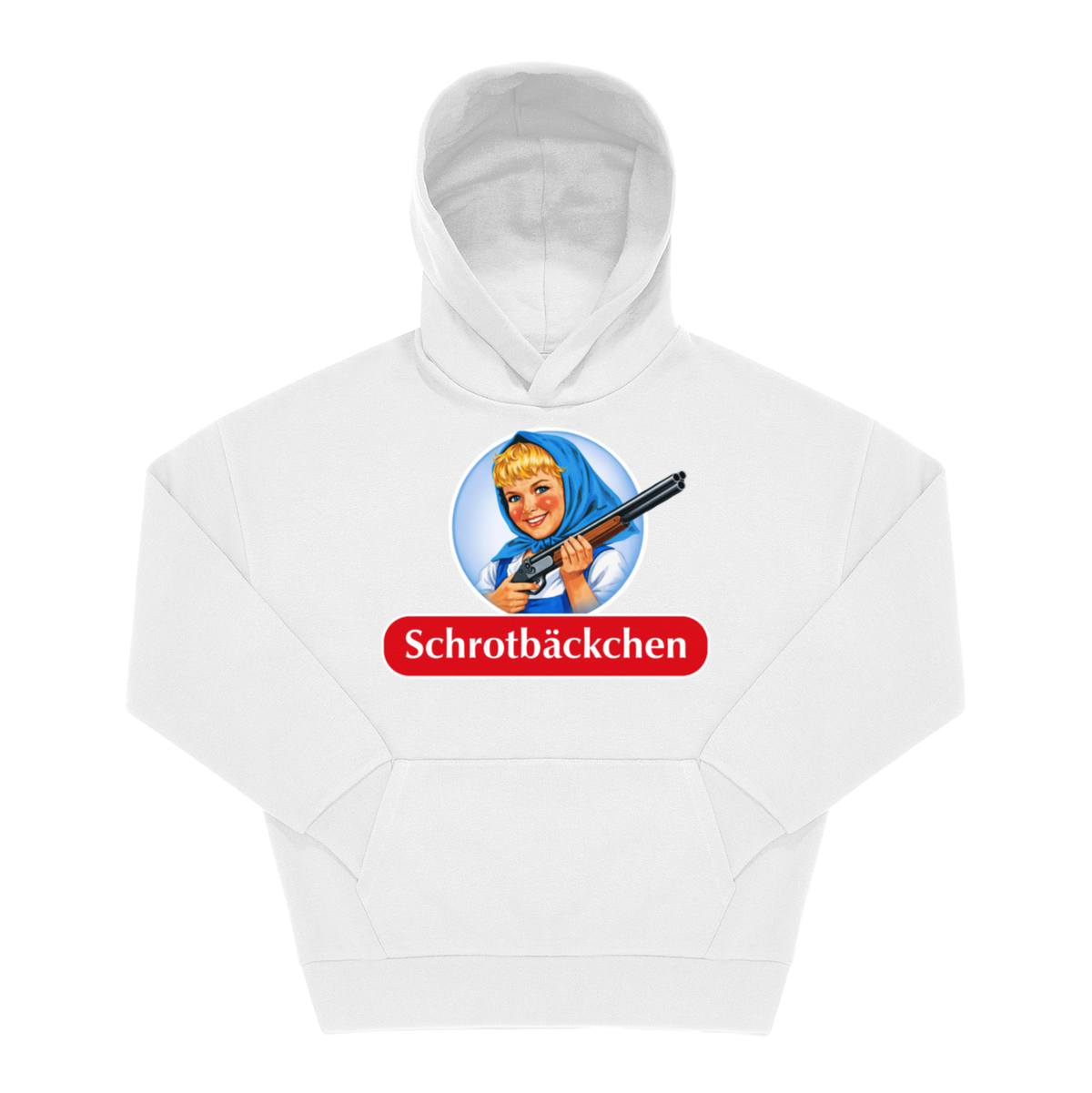 Weißer Hoodie mit Frontprint: Illustration einer Frau mit Schrotflinte im Retro-Logo-Stil, Schriftzug „Schrotbäckchen" auf