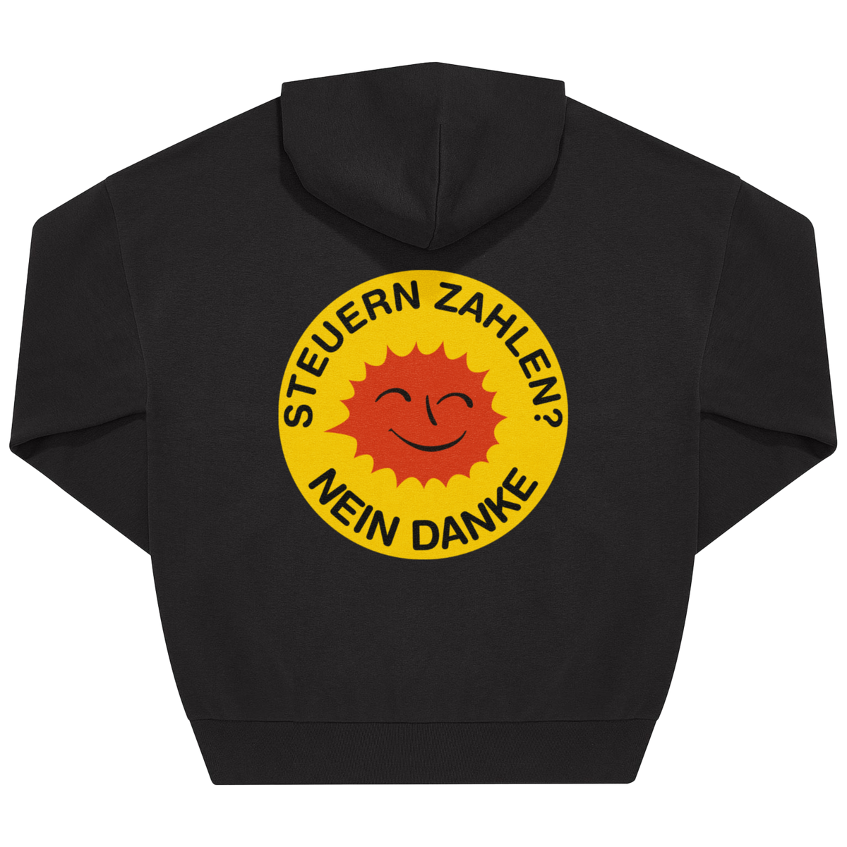 Rücken eines schwarzen Hoodies mit großem runden Backprint „Steuern zahlen? Nein danke" in Gelb und Rot