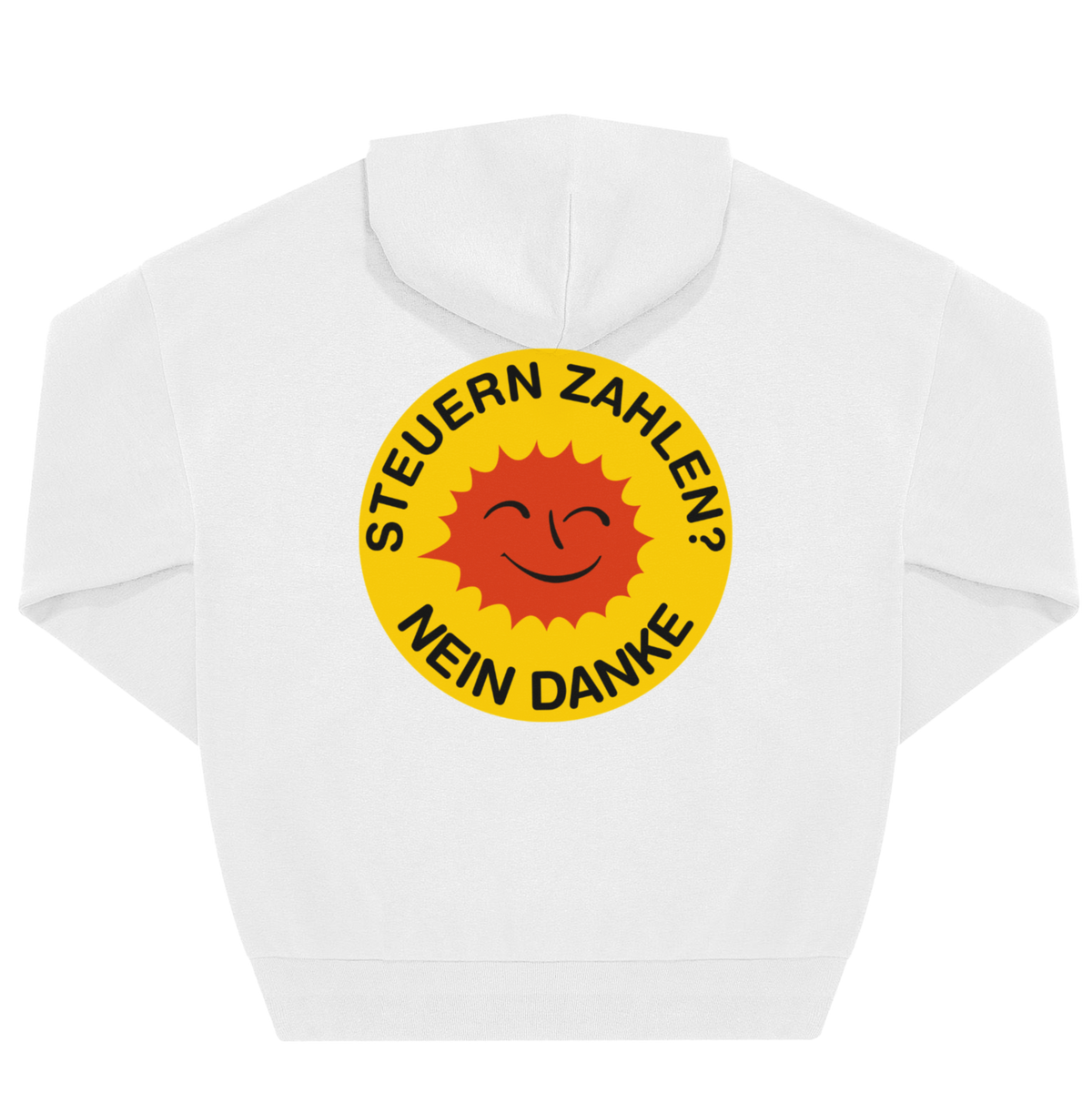 Rücken eines weißen Hoodies mit großem runden Backprint „Steuern zahlen? Nein danke" in Gelb und Rot