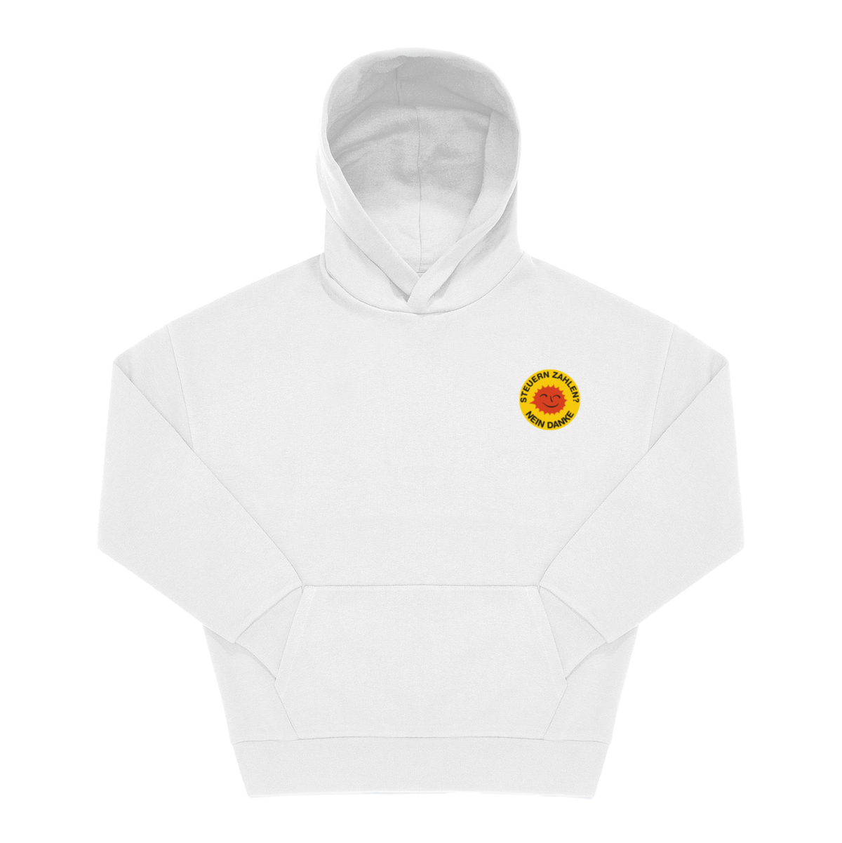 Weißer Hoodie mit kleinem runden „Steuern zahlen? Nein danke" Sonnen-Badge als Brustprint
