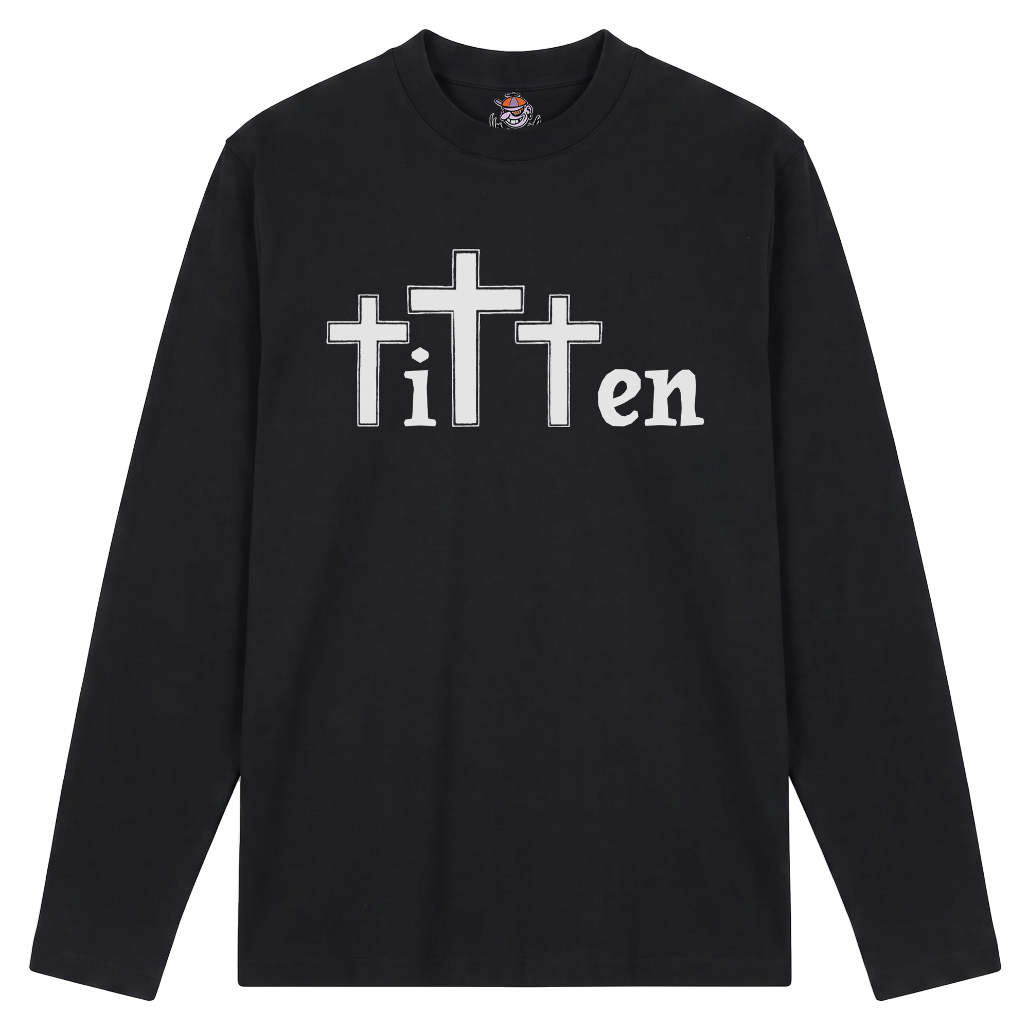 Schwarzes Longsleeve mit der Auschrift "Titten"