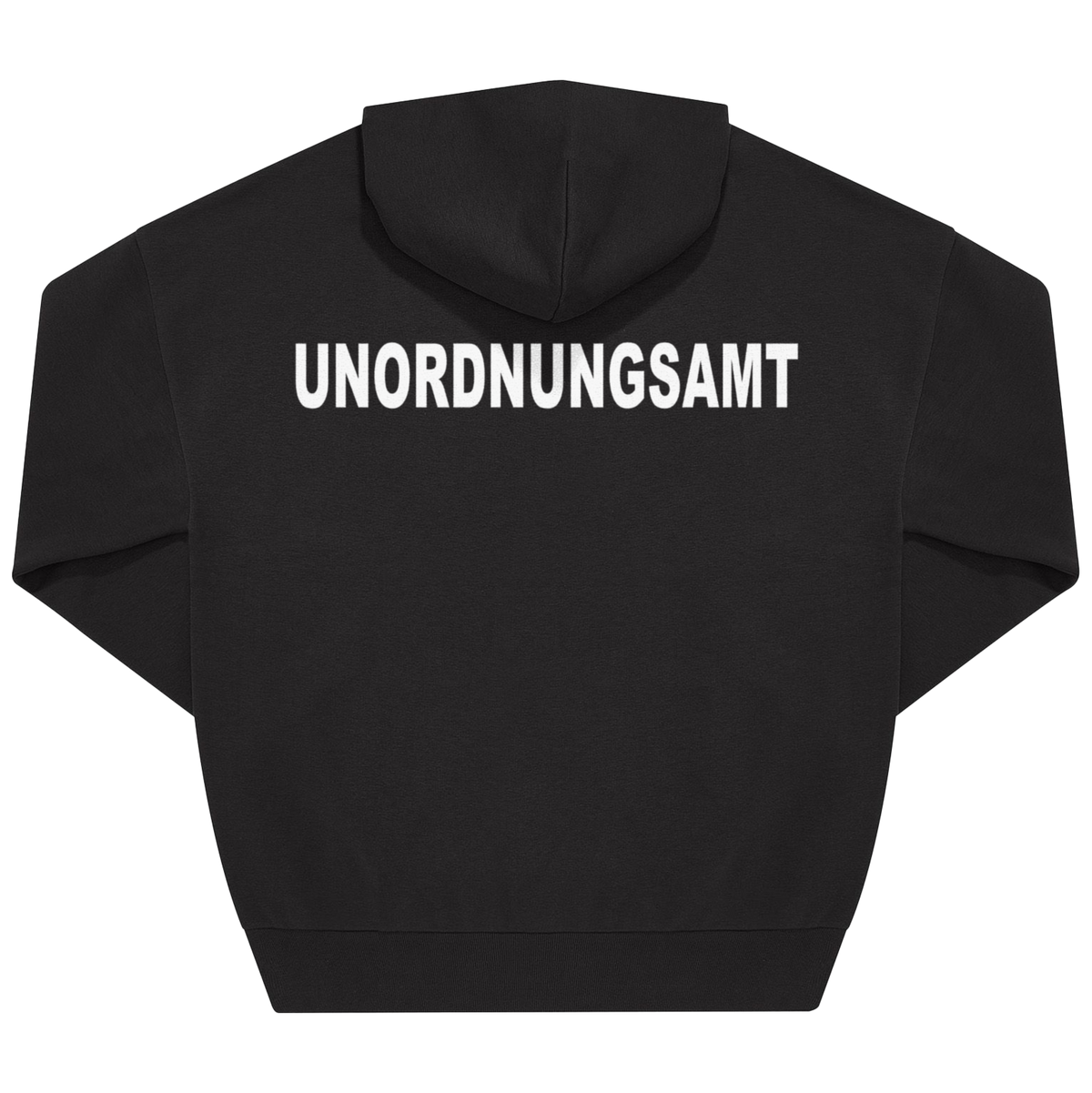Rückenansicht schwarzer Hoodie mit großem weißen „Unordnungsamt"-Backprint in Blockschrift
