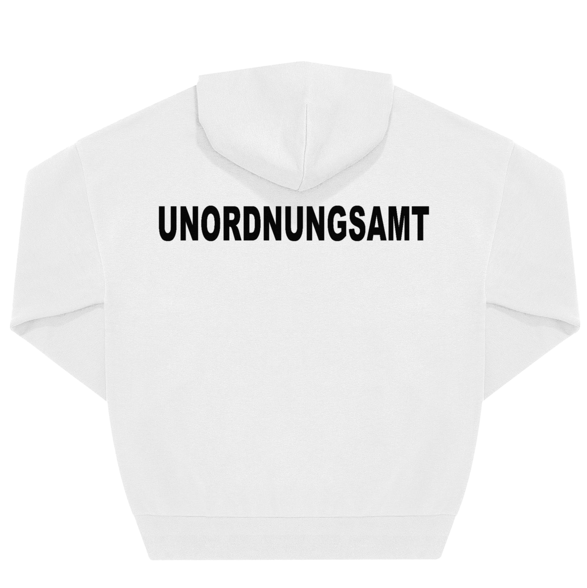 Rückenansicht weißer Hoodie mit großem schwarzen „Unordnungsamt"-Backprint in Blockschrift