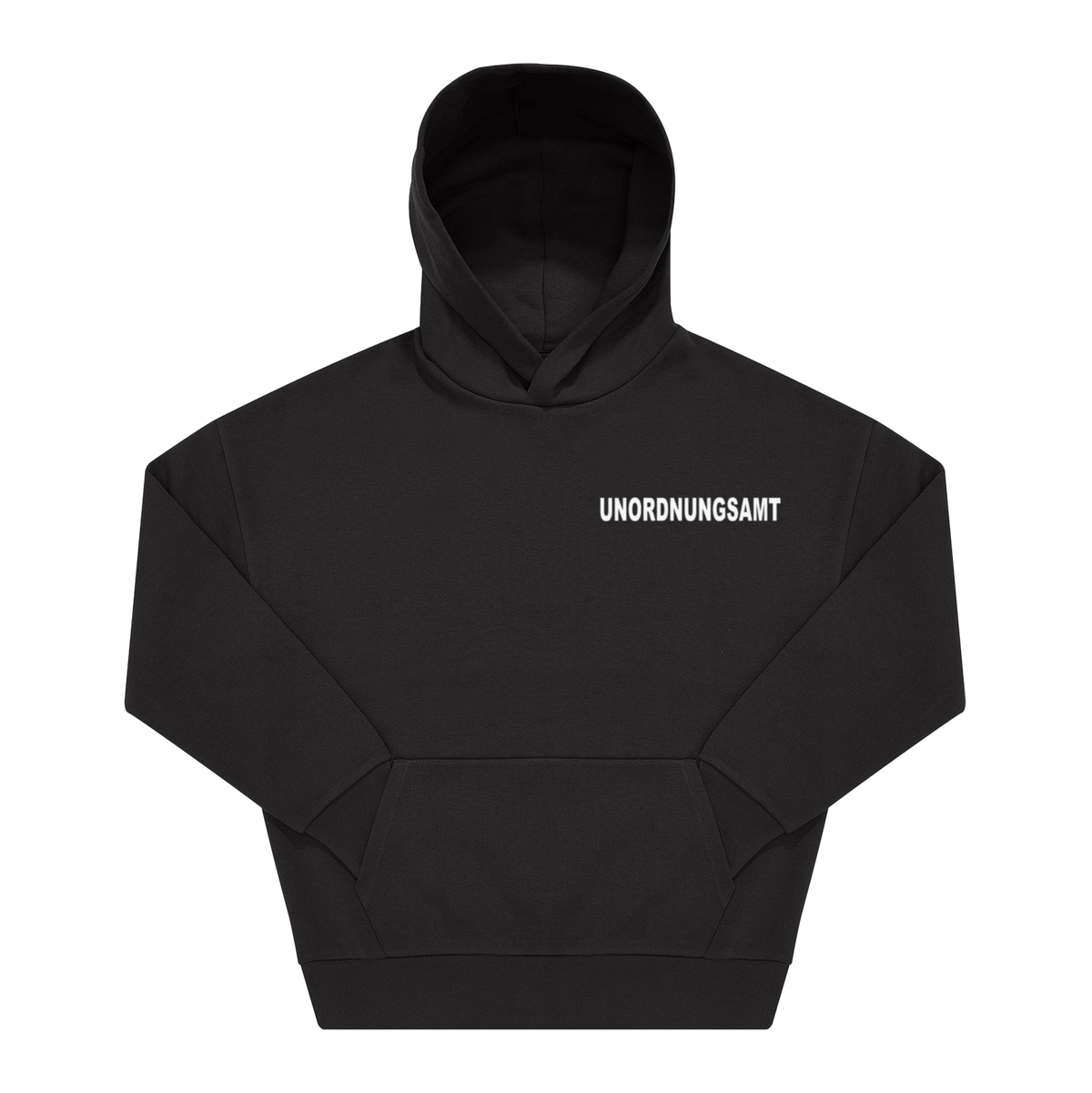 Schwarzer Hoodie mit weißem „Unordnungsamt"-Brustprint in serifenloser Blockschrift, Frontansicht