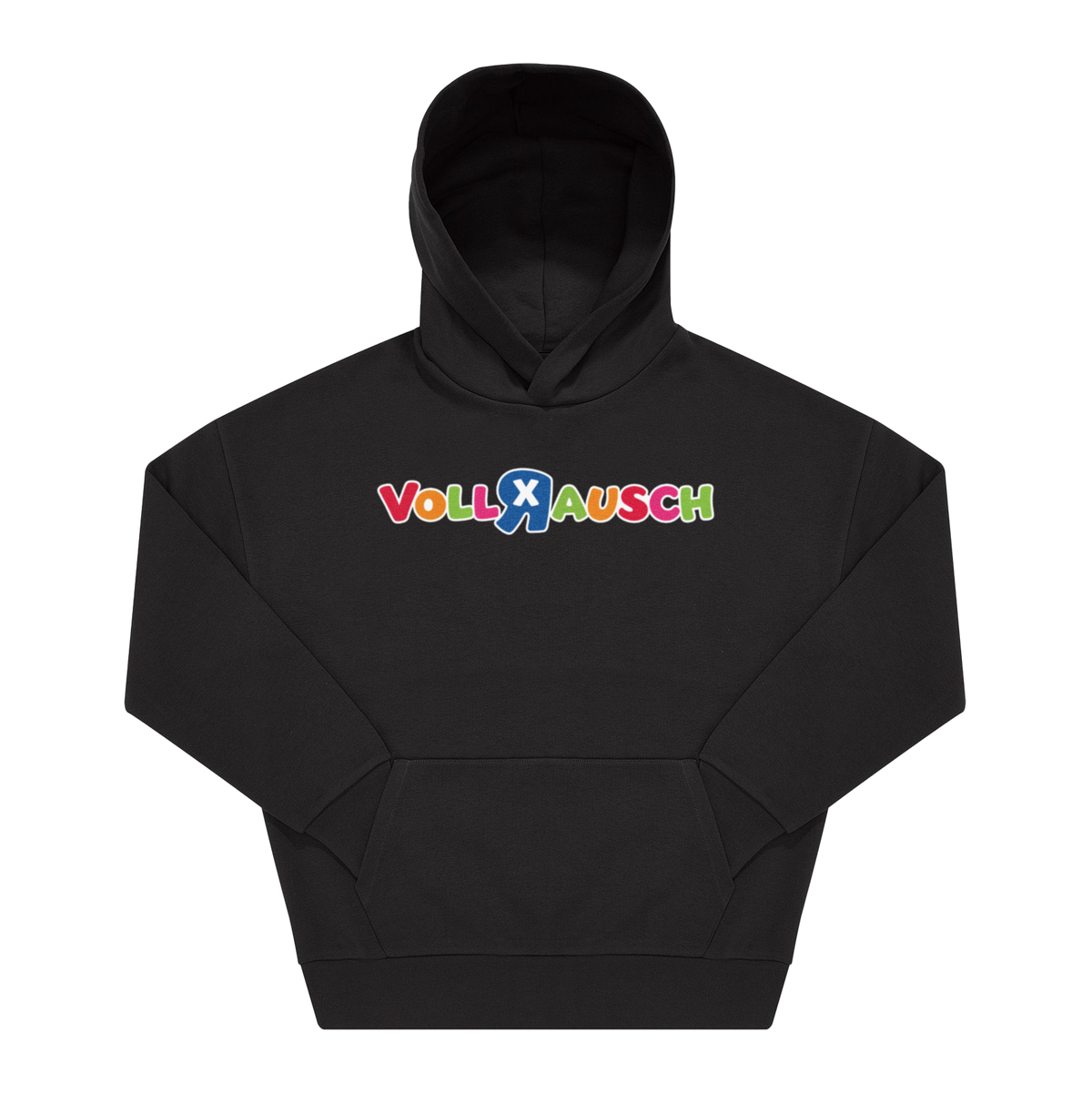 Schwarzer Hoodie mit buntem „Vollrausch"-Frontprint in verspielter Kinderschrift, Frontansicht
