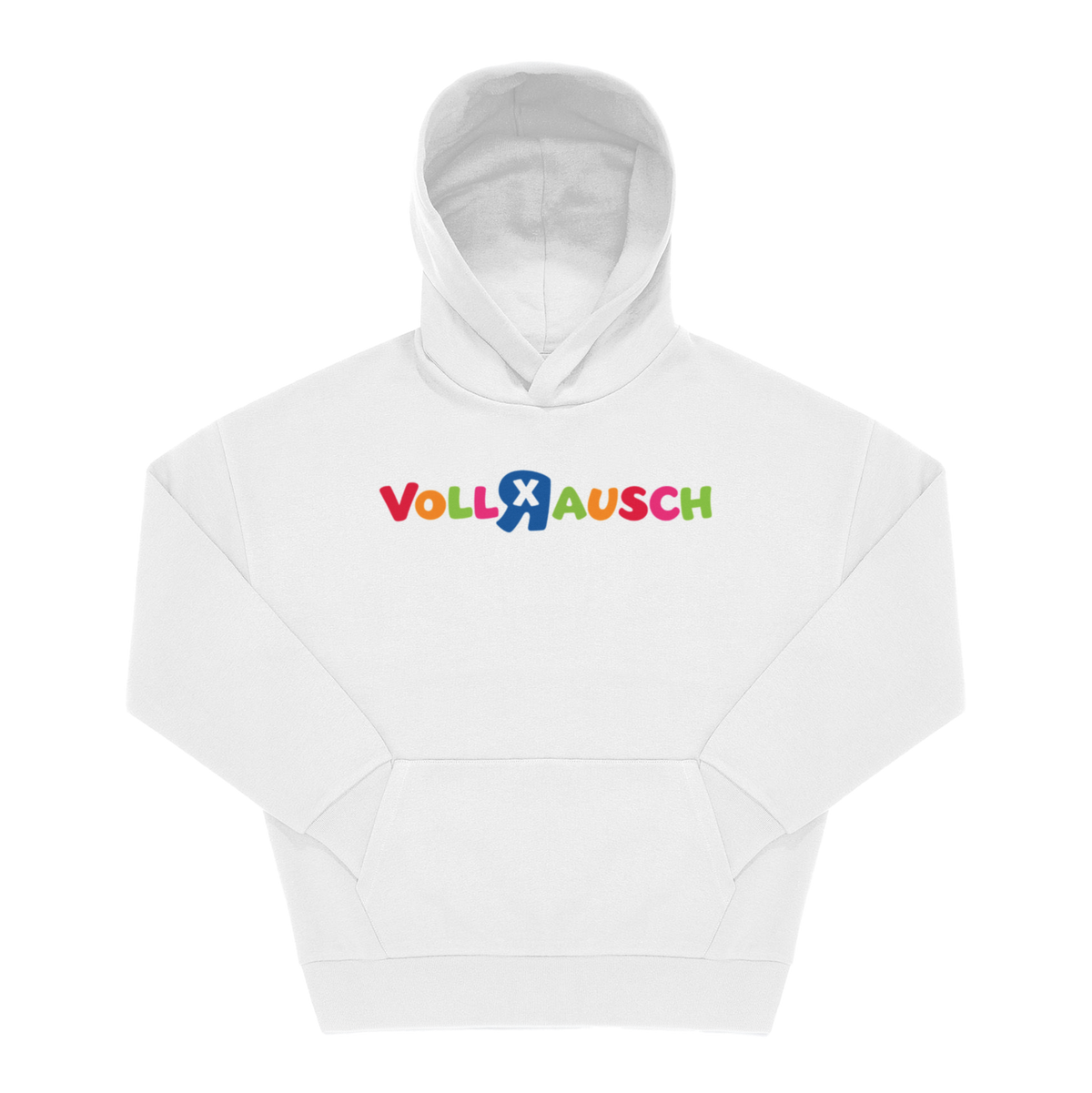 Weißer Hoodie mit buntem „Vollrausch"-Frontprint in verspielter Kinderschrift, Frontansicht