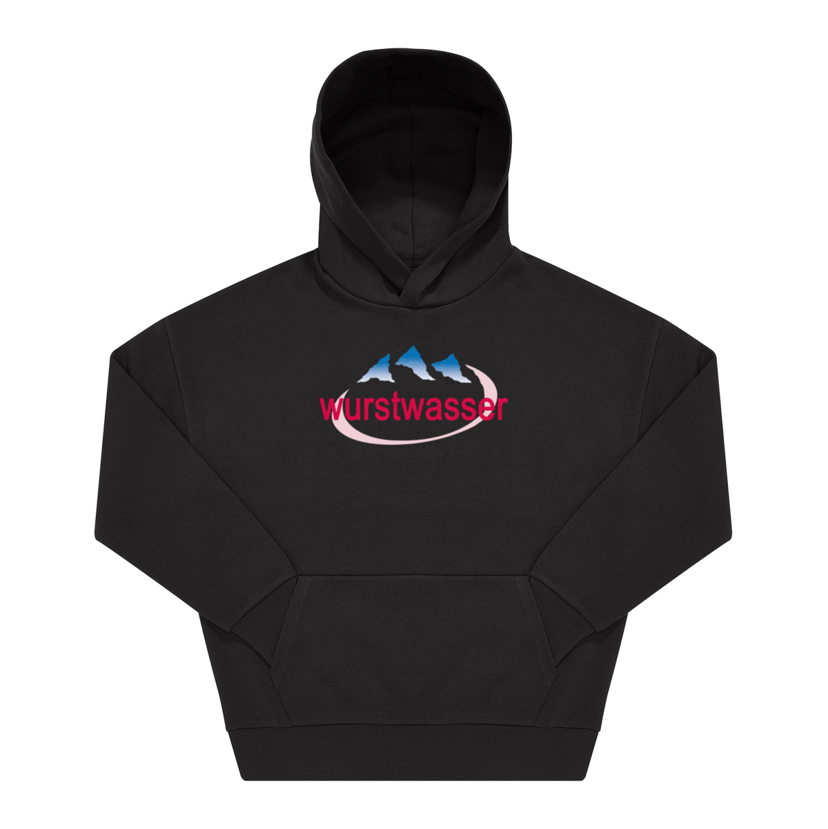 Schwarzer Hoodie mit Frontprint „wurstwasser" in Pink, blaue Berggrafik und rosafarbener Ellipse auf der Brust