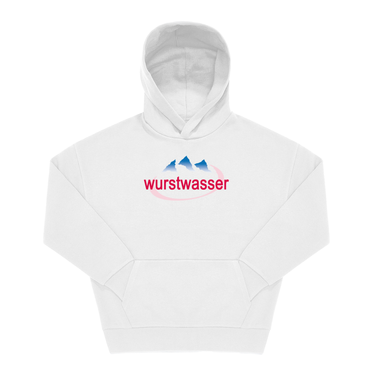 Weißer Hoodie mit Frontprint „wurstwasser" in Pink, blaue Berggrafik und ovaler Umriss, Kapuzenpullover