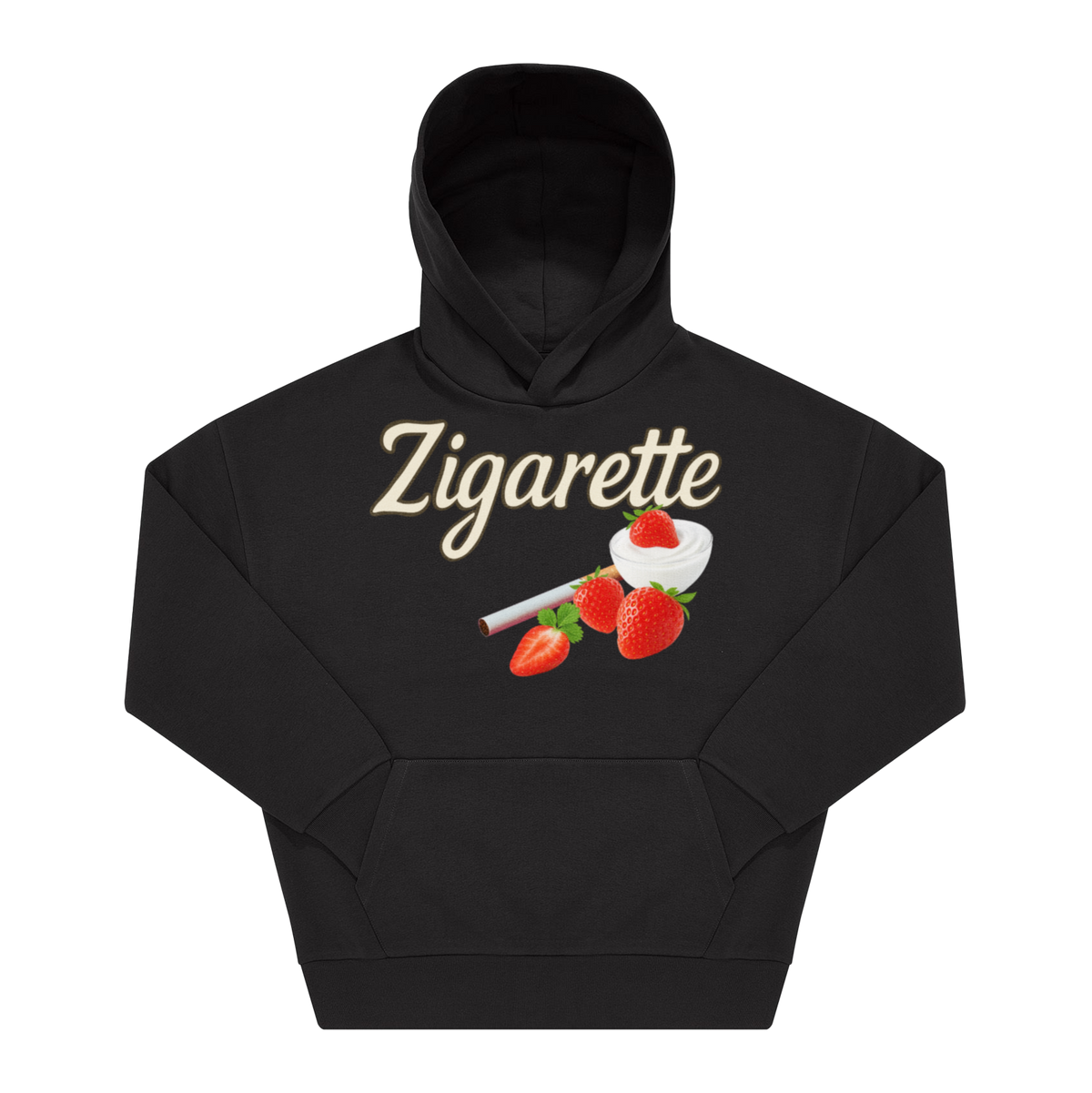 Schwarzer Hoodie mit Frontprint „Zigarette" in cremefarbener Kursivschrift, darunter Erdbeeren, Sahne und ein Joint