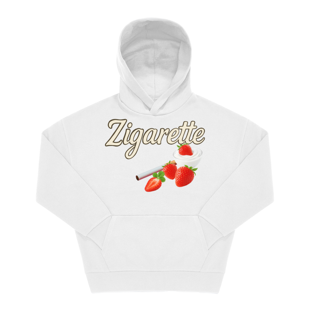 Weißer Hoodie mit Frontprint „Zigarette" in goldener Kursivschrift, darunter Erdbeeren, Sahne und ein Joint